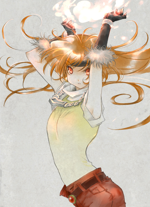 1girl, armpits, brown_eyes, brown_hair, ema_(earth-b), female_focus, lina_inverse, slayers