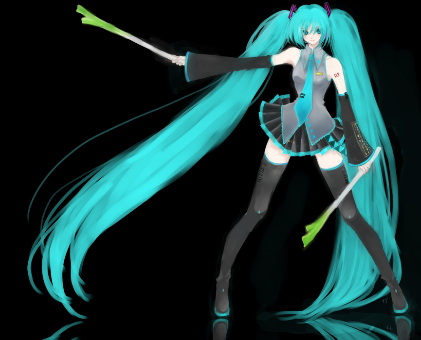 1girl, aqua_eyes, aqua_hair, dual_wielding, ema_(earth-b), female_focus, food, hatsune_miku