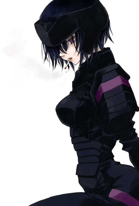 1girl, black_hair, cigarette, ema_(earth-b), female_focus, full_metal_panic!, melissa_mao, purple_eyes, short_hair, simple_background, solo
