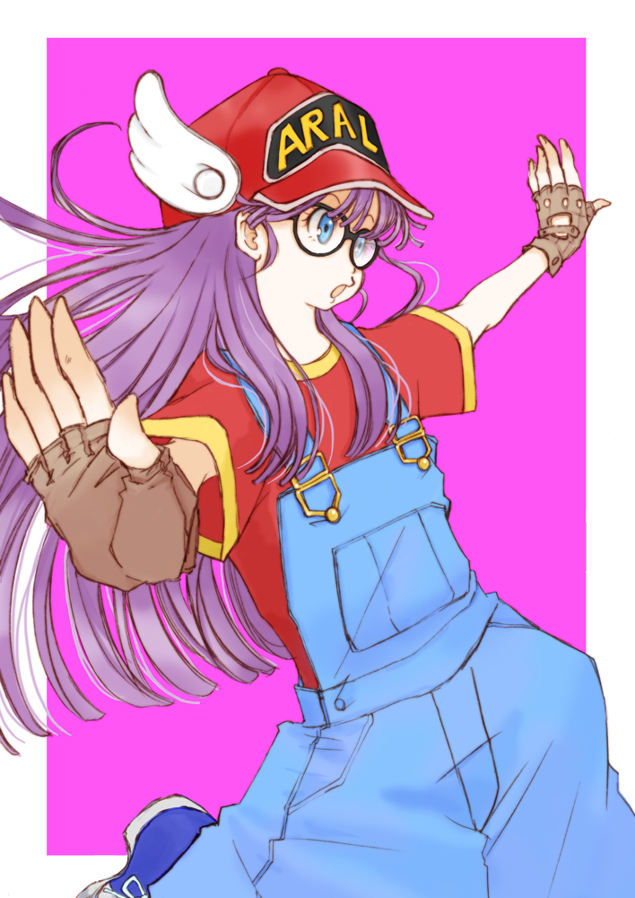 1girl, baseball_cap, blue_eyes, clothes_writing, dr._slump, ema_(earth-b), female_focus, fingerless_gloves
