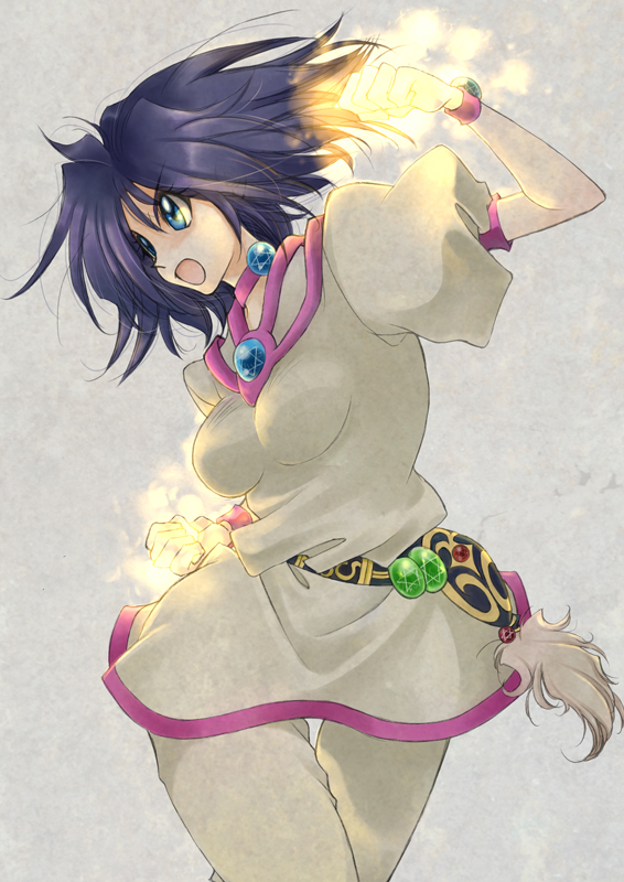 1girl, amelia_wil_tesla_seyruun, blue_eyes, breasts, ema_(earth-b), female_focus, grey_background, hexagram