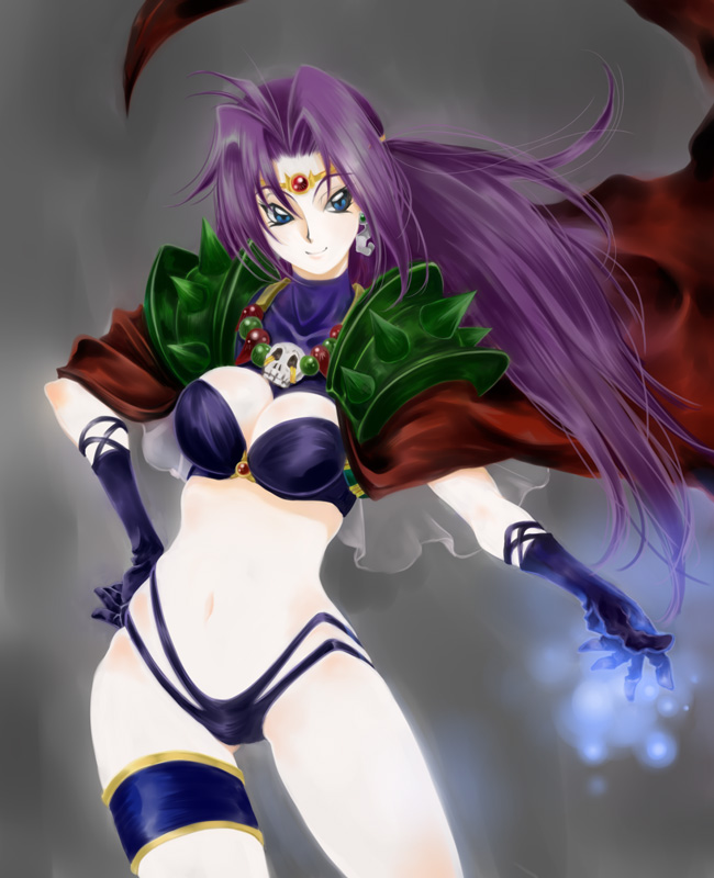 1girl, blue_eyes, breasts, cape, cleavage, ema_(earth-b), female_focus, hair_intakes, medium_breasts, naga_the_serpent, purple_hair, revealing_clothes, slayers, solo
