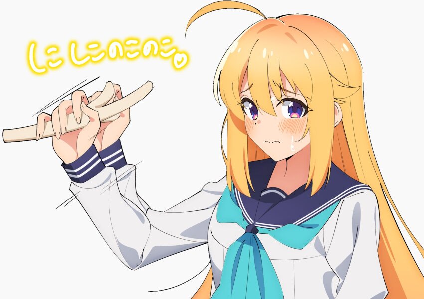 1girl, ahoge, antlers, blonde_hair, blue_sailor_collar, blush, handjob_gesture, highres, horns, koshi_torako, long_hair, long_sleeves, looking_at_viewer, neckerchief, phallic_symbol, sailor_collar, sakura_1110ssmm, school_uniform, serafuku, sexually_suggestive, shikanoko_nokonoko_koshitantan, shirt, simulated_handjob, white_shirt