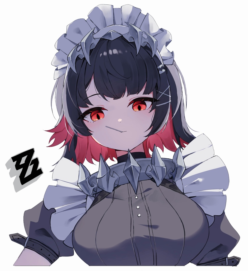 1girl, absurdres, black_hair, breasts, colored_inner_hair, commentary_request, ellen_joe, hair_ornament, highres, large_breasts, looking_at_viewer, maid, maid_headdress, mouth_hold, multicolored_hair, nirako_mona, puffy_short_sleeves, puffy_sleeves, red_eyes, red_hair, short_sleeves, simple_background, solo, two-tone_hair, upper_body, white_background, x_hair_ornament, zenless_zone_zero