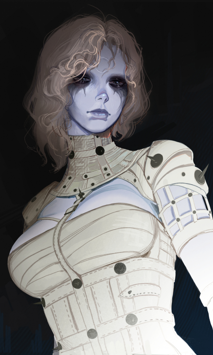 armor, bags_under_eyes, blue_eyes, blue_lips, blue_skin, breasts, brown_hair, closed_mouth, colored_skin, dethmaid, highres, large_breasts, laxasia_the_complete, lies_of_p, looking_at_viewer, medium_hair, spiked_armor, spikes, upper_body, wavy_hair