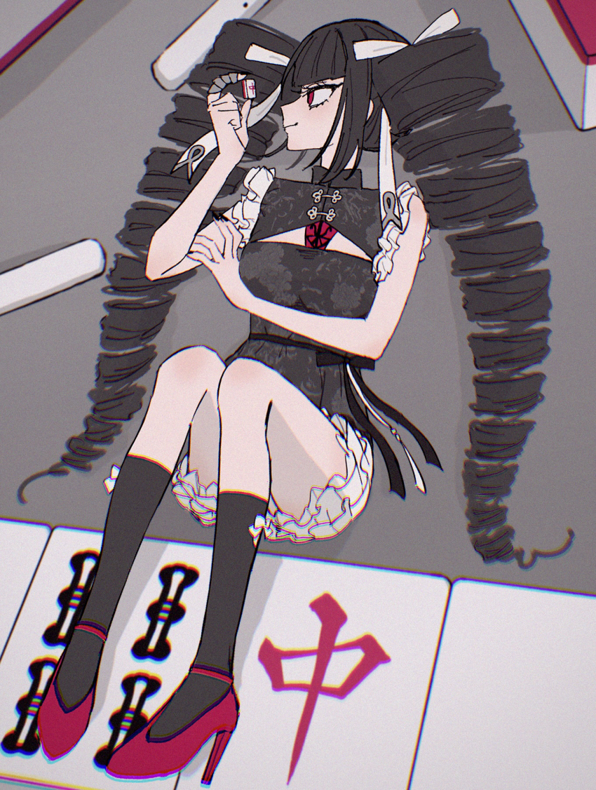1girl, alternate_costume, bare_arms, bare_shoulders, black_hair, black_ribbon, black_socks, breasts
