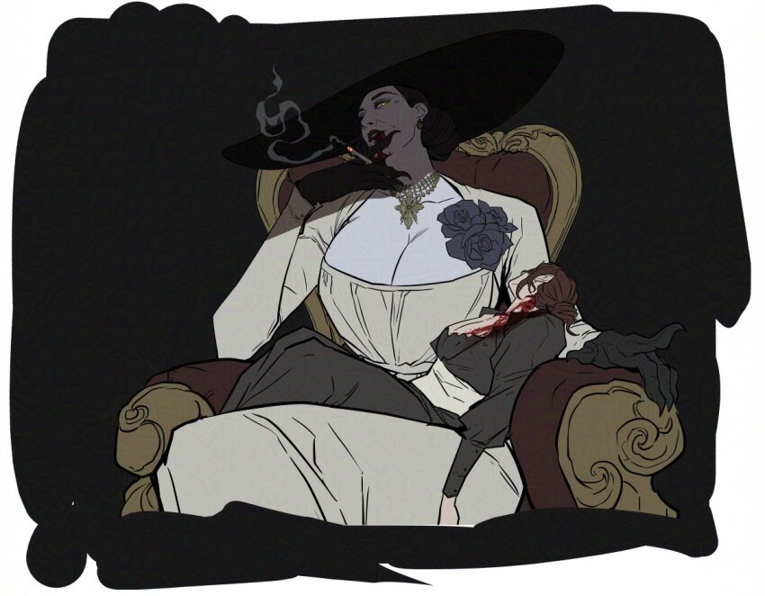1girl, 2girls, alcina_dimitrescu, banished_shadow, black_flower, black_gloves, black_hair, black_rose, blood, blood_on_face, blood_on_neck, breasts, cigarette, cigarette_holder, cleavage, corpse, corsage, death, dress, earrings, flower, gloves, hat, holding, holding_cigarette, injury, jewelry, large_breasts, lipstick, makeup, mature_female, multiple_girls, necklace, on_throne, pale_skin, pearl_earrings, pearl_necklace, red_lips, resident_evil, resident_evil_village, rose, short_hair, sitting, solo, sun_hat, tall_female, throne, white_background, white_dress, yellow_eyes
