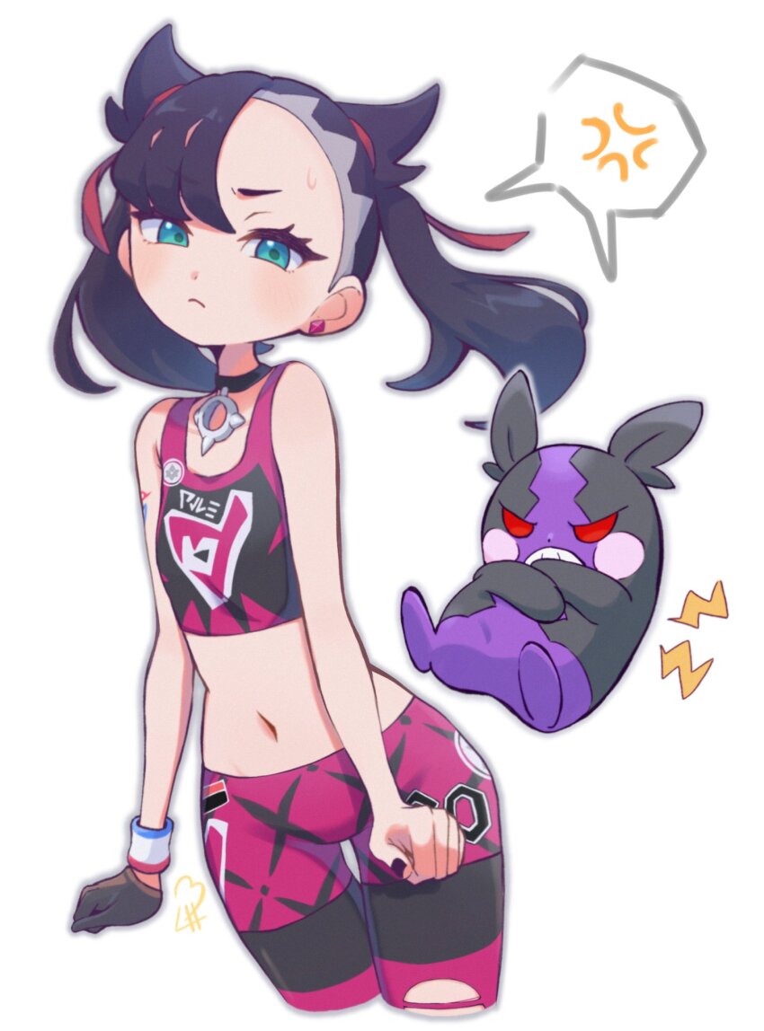 1girl, anger_vein, asymmetrical_bangs, black_choker, black_hair, black_nails, choker, closed_mouth, commentary, dynamax_band, earrings, eyelashes, gen_8_pokemon, gloves, green_eyes, hair_ribbon, highres, jewelry, leggings, marnie_(pokemon), midriff, morpeko, morpeko_(hangry), nail_polish, navel, nintendo, noi_(noi_pk27), pokemon, pokemon_(creature), pokemon_sword_and_shield, red_ribbon, ribbon, shared_speech_bubble, single_glove, speech_bubble, spoken_anger_vein, sports_bra, sweatdrop, untranslatable_commentary, torn_clothes, torn_leggings, twintails, white_background