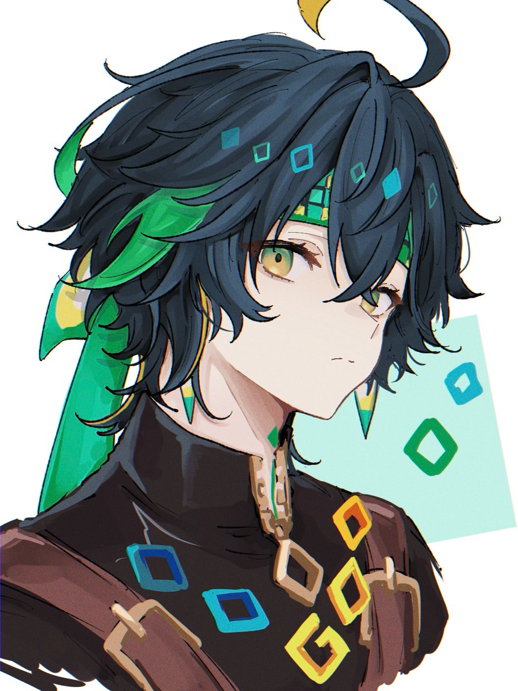 1boy, ahoge, black_hair, blonde_hair, closed_mouth, commentary_request, crossed_bangs, earrings