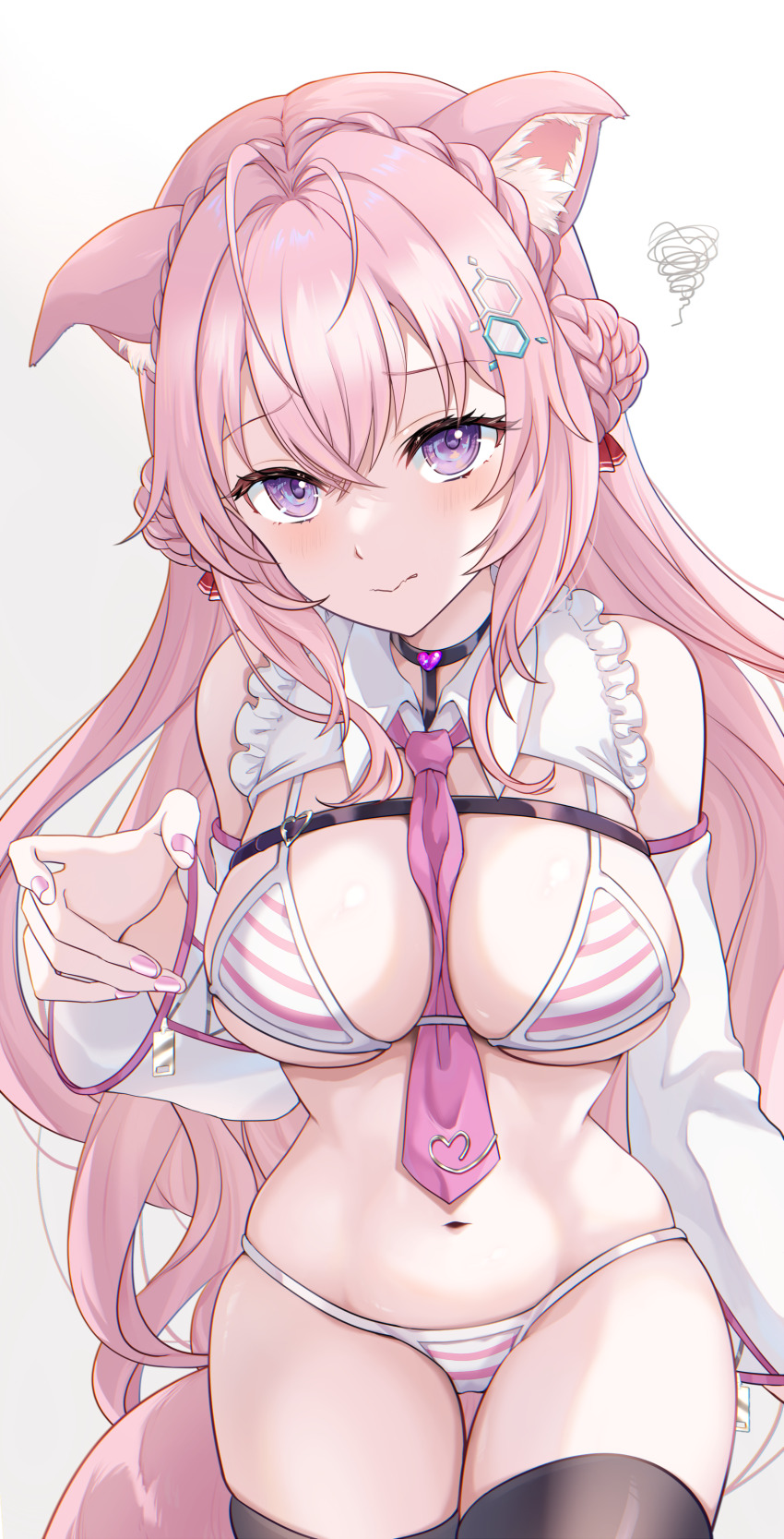 1girl, absurdres, animal_ear_fluff, animal_ears, antenna_hair, between_breasts, bikini, black_thighhighs