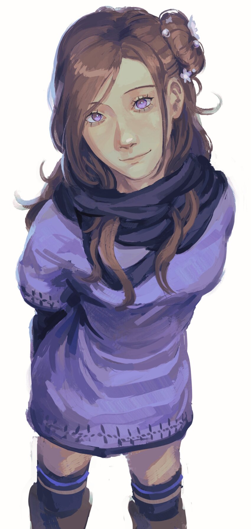 1girl, absurdres, arms_behind_back, blue_scarf, brown_hair, closed_mouth, commentary, dress