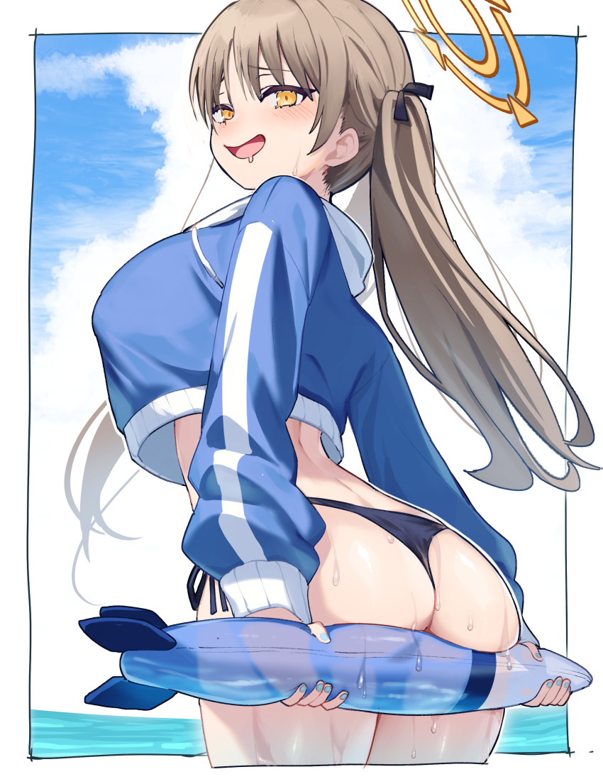 1girl, absurdres, ass, ass_support, bikini, black_bikini, blue_archive, blue_hoodie