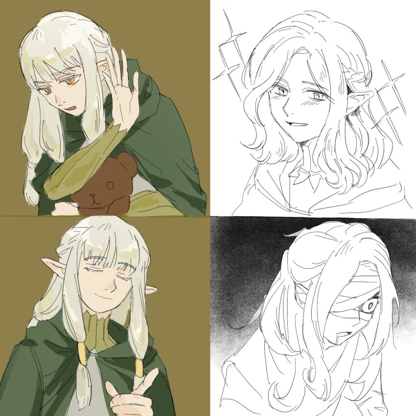 1boy, 1girl, age_comparison, bandage_over_one_eye, bishie_sparkle, blonde_hair, blush, braid, cloak, closed_eyes, closed_mouth, comparison, drakeposting_(meme), drooling, dual_persona, dungeon_meshi, elf, frown, gorget, hair_tubes, half_up_braid, highres, holding, holding_stuffed_toy, hood, hooded_cloak, index_finger_raised, long_hair, low-tied_sidelocks, medium_hair, meme, milsiril, mithrun, mouth_drool, open_mouth, partially_colored, pointy_ears, rejection, rubun0227, sidelocks, simple_background, smile, stuffed_animal, stuffed_toy, teddy_bear, upper_body, yellow_eyes