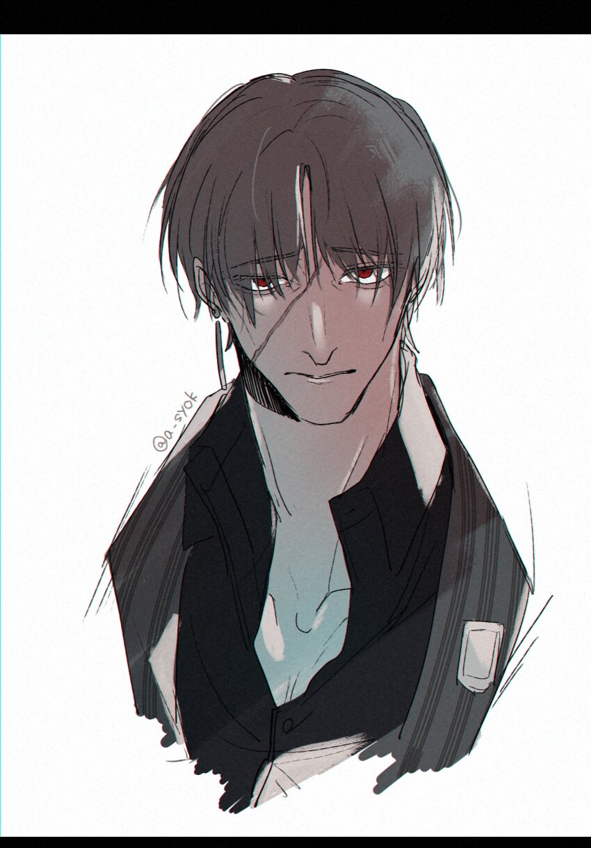 1boy, absurdres, black_shirt, collared_shirt, grey_hair, grey_jacket, highres, jacket