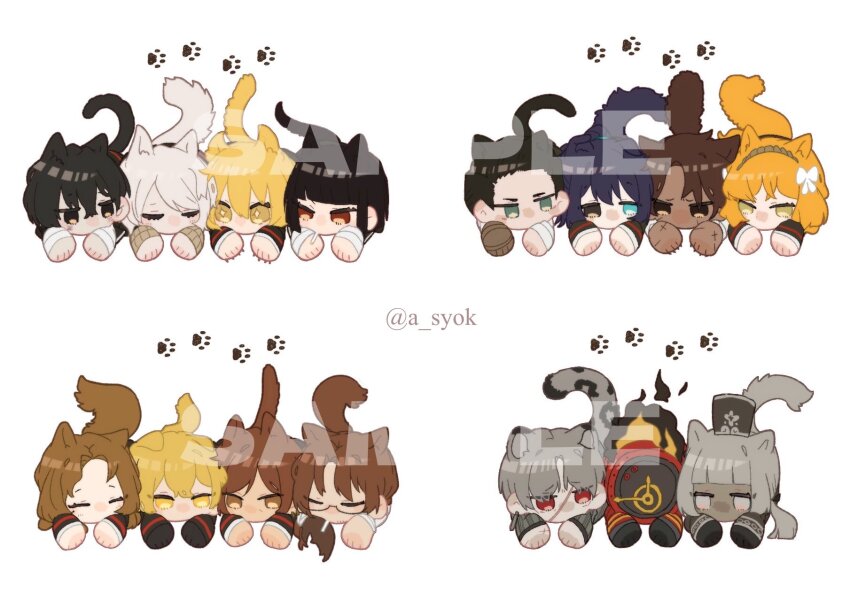 1other, 6+boys, 6+girls, animal_ears, aqua_eyes, black_eyes, black_gloves, black_hair, blonde_hair, brown_eyes, brown_hair, cat_ears, cat_tail, charon_(project_moon), clock, closed_eyes, dante_(limbus_company), don_quixote_(project_moon), faust_(project_moon), fire, floppy_ears, gloves, green_eyes, gregor_(project_moon), grey_eyes, grey_hair, grey_hat, hat, heathcliff_(project_moon), heterochromia, highres, hong_lu_(project_moon), ishmael_(project_moon), leopard_ears, limbus_company, long_hair, low_twintails, meursault_(project_moon), multiple_boys, multiple_girls, object_head, orange_hair, outis_(project_moon), paw_print, project_moon, red_eyes, rodion_(project_moon), ryoshu_(project_moon), sample_watermark, shako_cap, short_hair, simple_background, sinclair_(project_moon), tail, twintails, twitter_username, vergilius_(project_moon), watermark, white_background, white_hair, ya!_(a_syok), yellow_eyes, yi_sang_(project_moon)