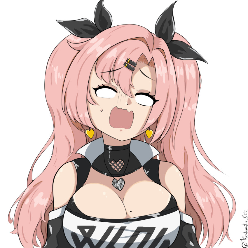 1girl, aru_(blue_archive), bare_shoulders, blank_eyes, blue_archive, breasts, cleavage, head_tilt, highres, kentumatsu, large_breasts, long_hair, mole, mole_on_breast, nicole_demara, open_mouth, pink_hair, simple_background, solo, strapless, tube_top, upper_body, very_long_hair, white_background, zenless_zone_zero