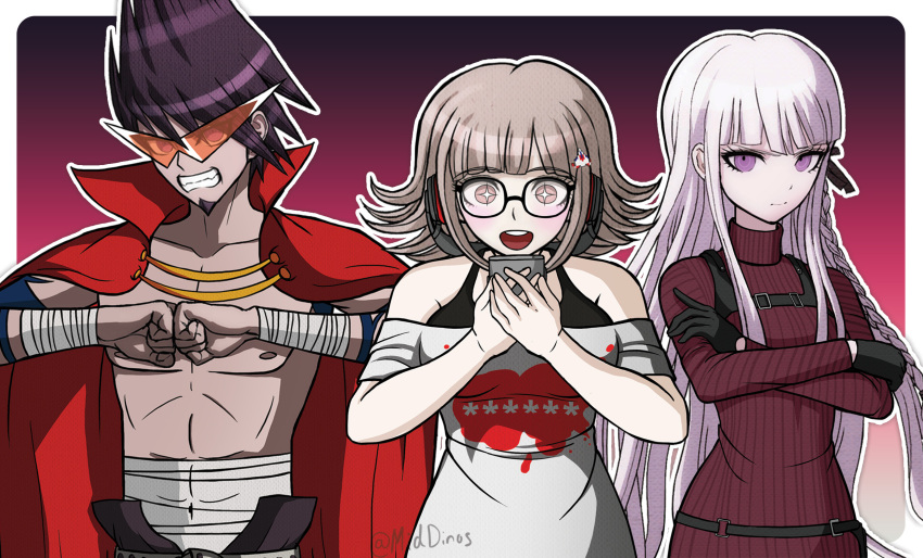 1boy, 2girls, :d, a_beautiful_man_(middinos), ada_wong, ada_wong_(cosplay), artist_name, bare_shoulders