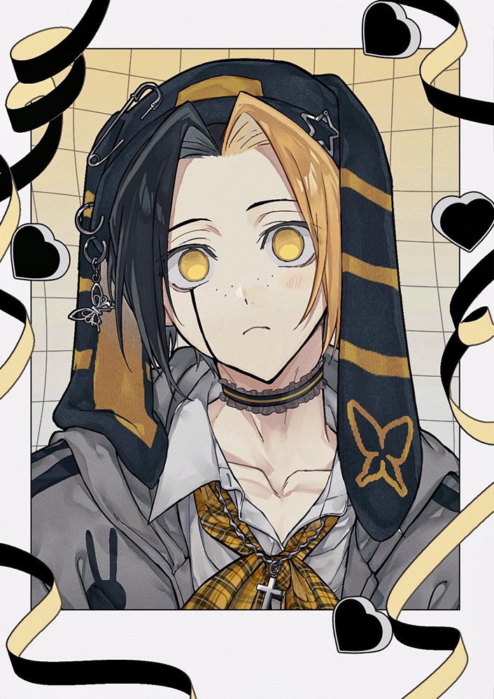 1boy, alternate_costume, blonde_hair, choker, collarbone, collared_shirt, facial_mark, finn_ames