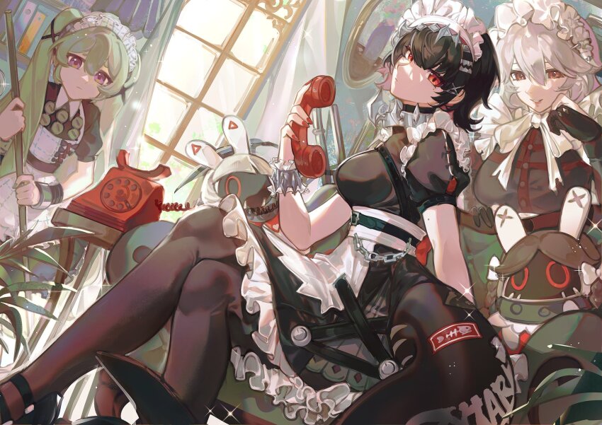 3girls, alexandrina_sebastiane, apron, black_dress, black_hair, black_pantyhose, breasts, corin_wickes, dress, ellen_joe, grey_hair, highres, holding, indoors, medium_breasts, miothle, multiple_girls, nail_polish, pantyhose, phone, puffy_short_sleeves, puffy_sleeves, purple_eyes, red_eyes, short_sleeves, tail, twintails, waist_apron, white_apron, window, zenless_zone_zero