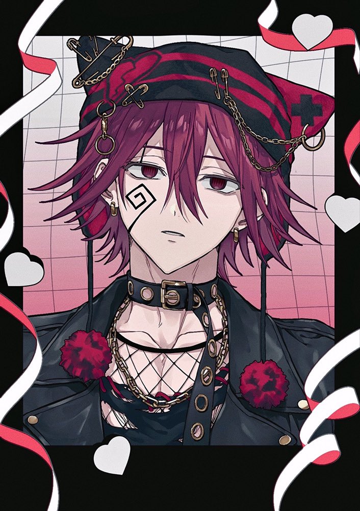 1boy, alternate_costume, belt, black_jacket, carpaccio_luo-yang, earrings, facial_mark, hat