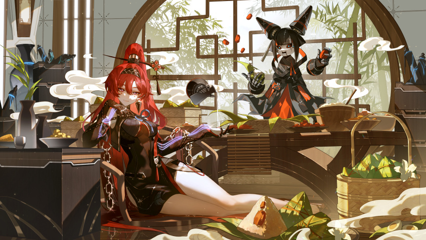 1girl, absurdres, bamboo, bamboo_forest, bamboo_steamer, bare_legs, basket, black_bodysuit