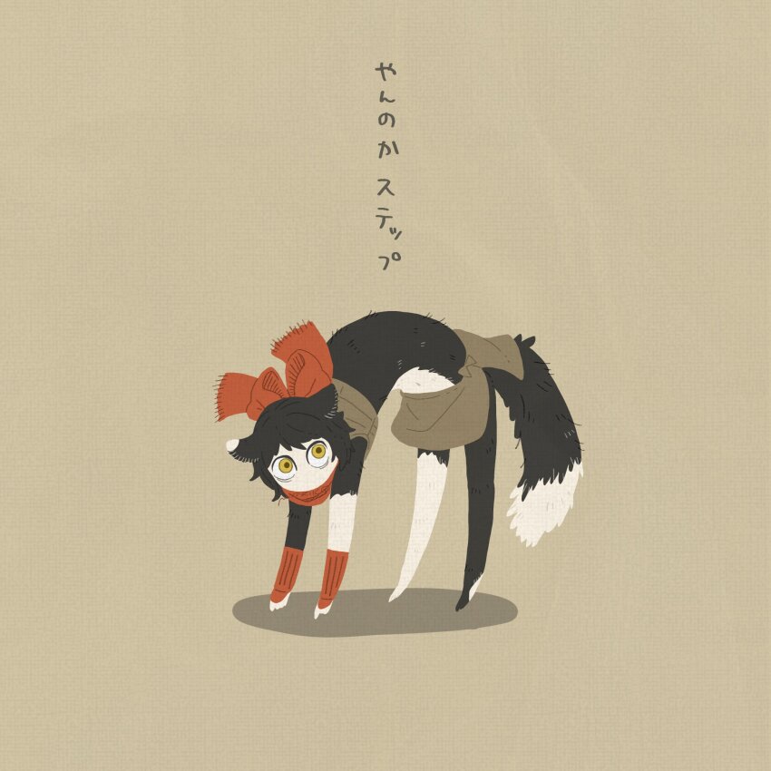 1girl, animal_ears, black_fur, cat_ears, cat_girl, cat_tail, colored_sclera, dungeon_meshi, frown, full_body, highres, izutsumi, koro_(funnycollo), looking_at_viewer, midriff, no_mouth, red_scarf, scarf, shadow, short_hair, simple_background, solo, tail, white_fur, yellow_sclera