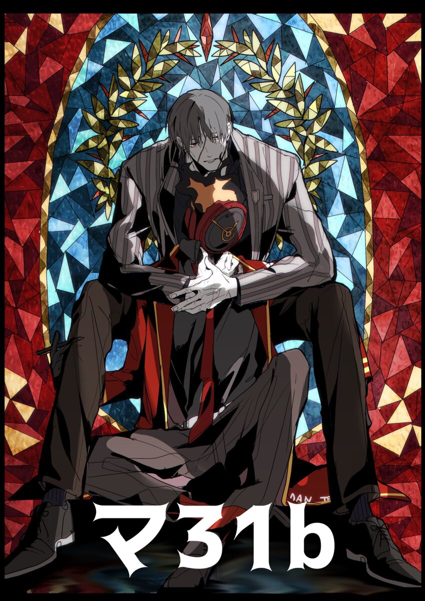 1boy, 1other, black_footwear, black_pants, black_socks, clock, dante_(limbus_company), fire