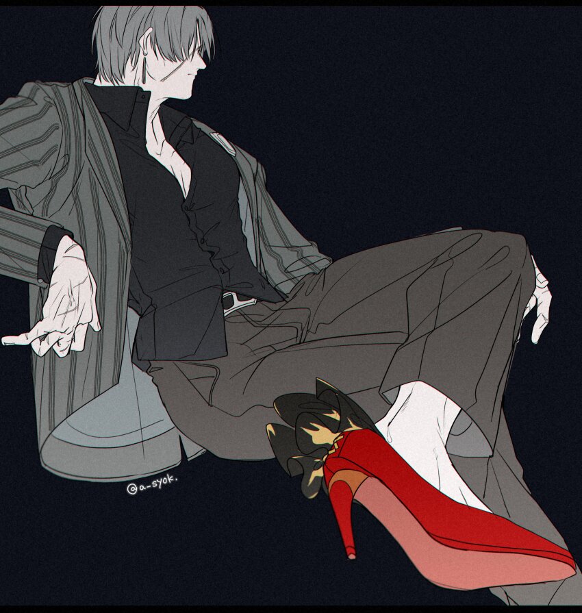 1boy, absurdres, black_shirt, closed_mouth, collared_shirt, earrings, grey_hair, grey_pants