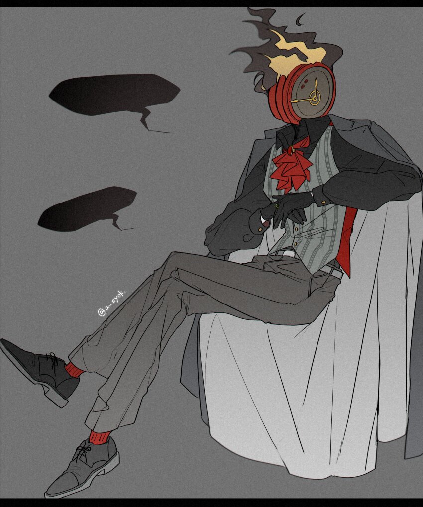 1other, absurdres, ascot, black_gloves, black_shirt, black_shoes, clock, coat