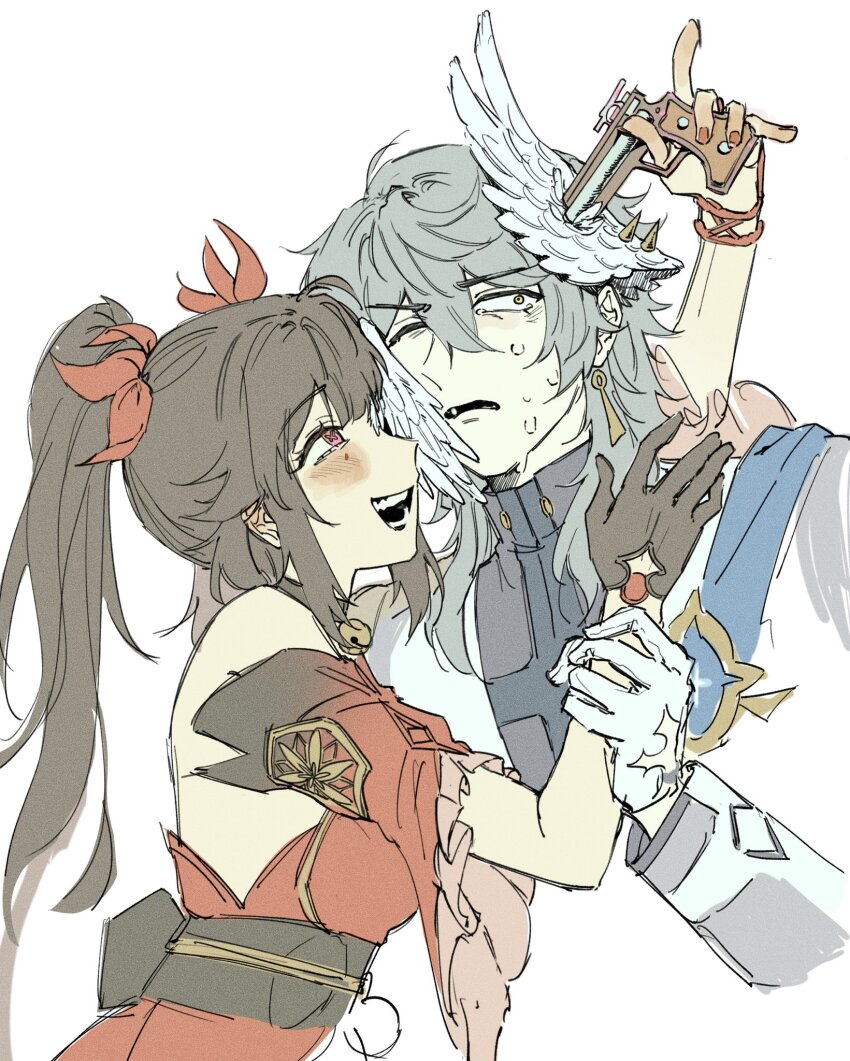1boy, 1girl, aiming, bell, black_gloves, black_sash, blush, brown_hair, butterfly-shaped_pupils, detached_sleeves, earrings, frilled_sleeves, frills, gloves, grey_hair, gun, half-closed_eyes, head_wings, highres, holding, holding_another's_wrist, holding_gun, holding_weapon, honkai:_star_rail, honkai_(series), japanese_clothes, jewelry, jingle_bell, kimono, kronkydei, long_hair, medium_hair, neck_bell, open_mouth, piercing, pink_eyes, red_kimono, red_ribbon, ribbon, sash, smile, sparkle_(honkai:_star_rail), sunday_(honkai:_star_rail), sunday_(sacerdos'_relived_ordeal)_(honkai:_star_rail), symbol-shaped_pupils, twintails, very_long_hair, weapon, white_gloves, wide_sleeves, wing_piercing, wings, wrist_ribbon