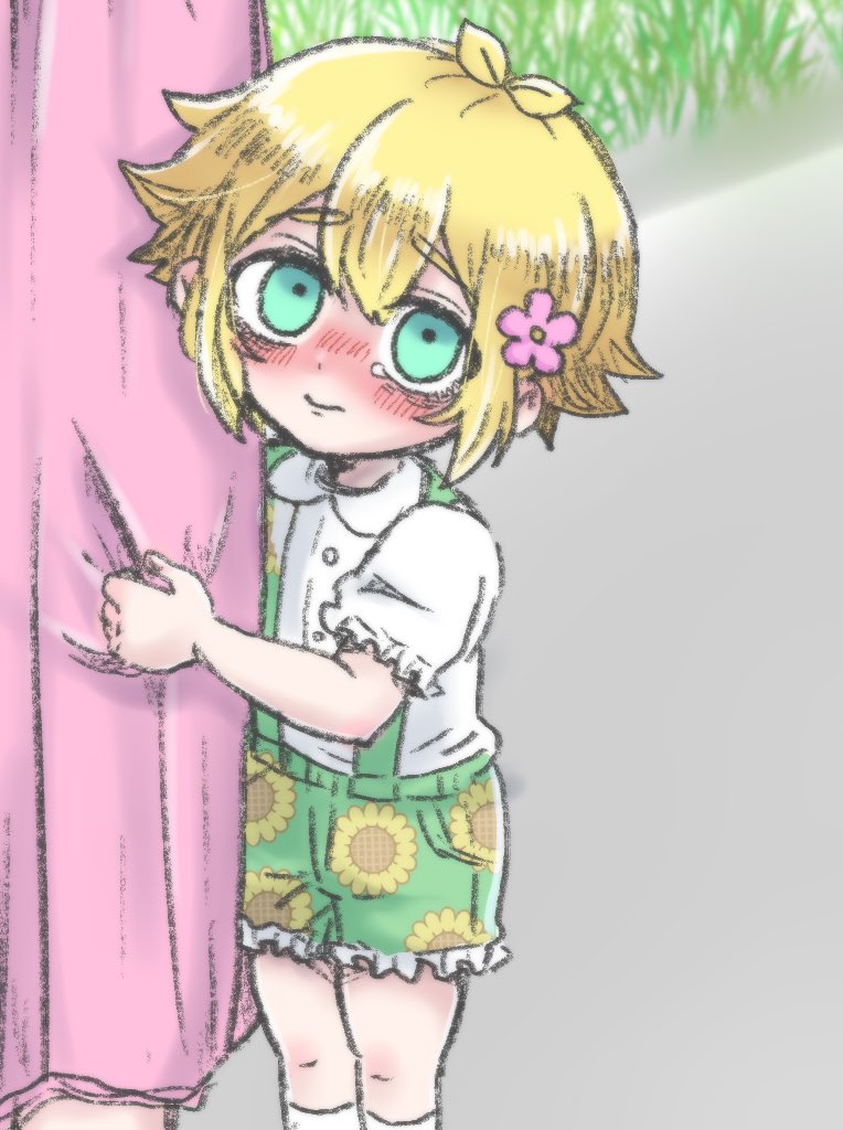 1boy, aged_down, basil_(faraway)_(omori), basil_(omori), blonde_hair, blue_eyes, blush, flower, germany_omori, green_shorts, hair_flower, hair_ornament, looking_at_viewer, omori, short_hair, short_sleeves, shorts, socks, solo, suspender_shorts, suspenders, white_socks