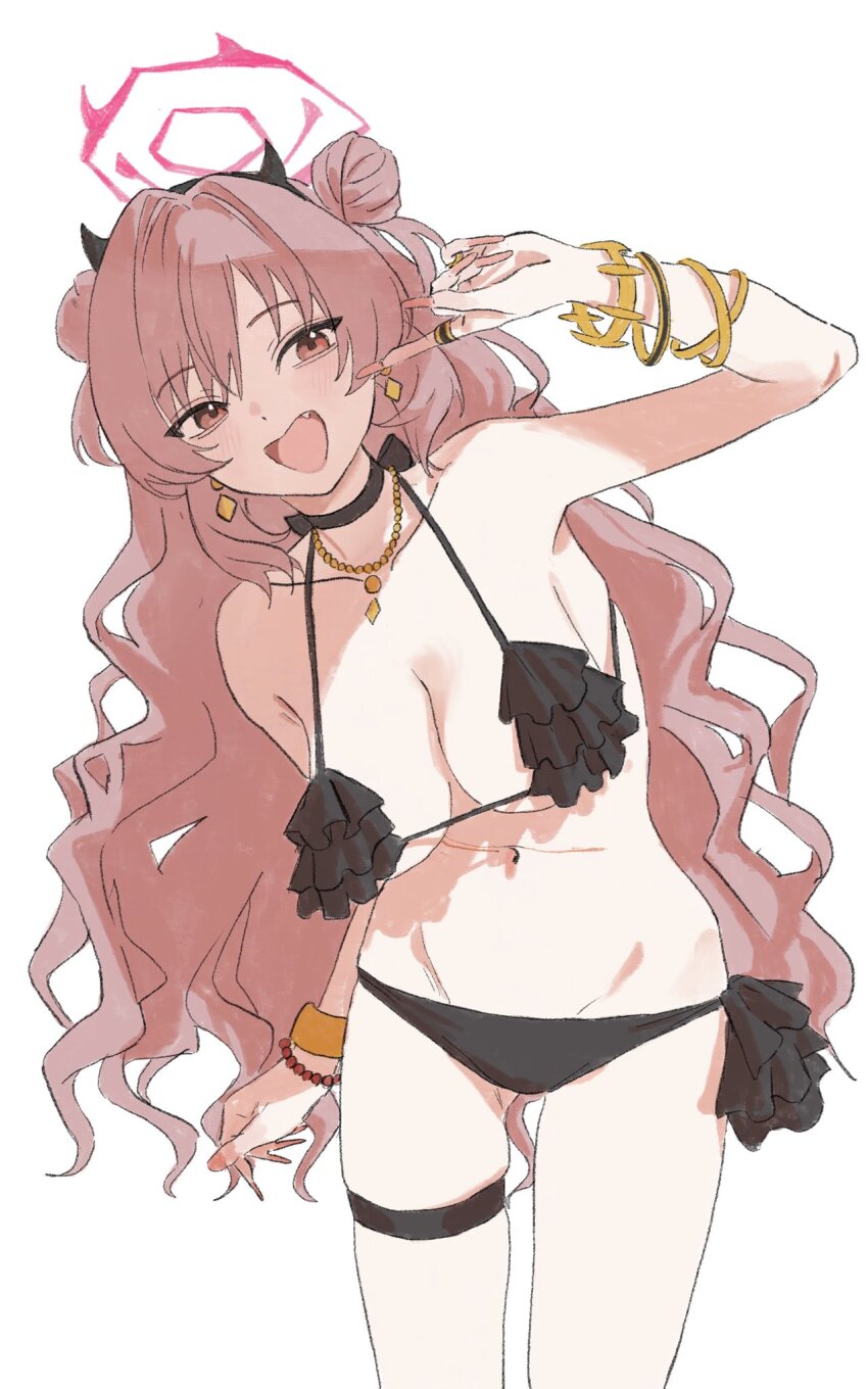 1girl, bead_bracelet, beads, bikini, black_bikini, black_choker, blue_archive, blush