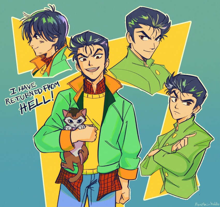 1boy, abstract_background, absurdres, animal, black_hair, brown_eyes, cat, commentary, english_text, from_side, green_jacket, hair_slicked_back, highres, holding, holding_animal, jacket, looking_at_viewer, male_focus, multiple_views, open_mouth, outline, sam_(kyaptainkiddo), shirt, short_hair, smile, standing, upper_body, urameshi_yuusuke, yuu_yuu_hakusho