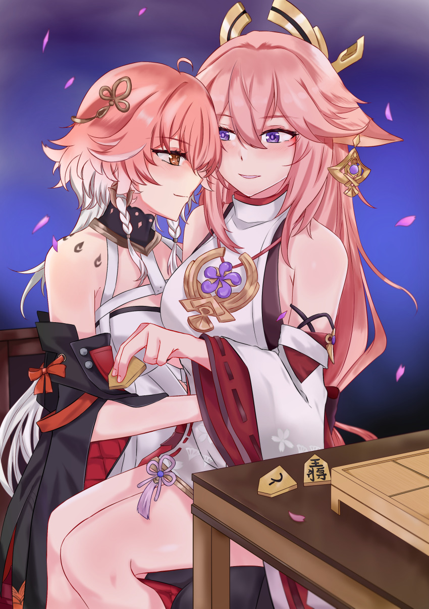 2girls, absurdres, bare_shoulders, braid, brown_eyes, changli_(wuthering_waves), crossover, detached_sleeves