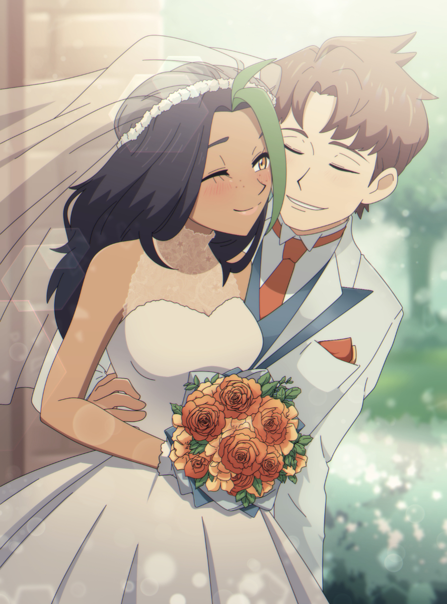 1boy, 1girl, aged_up, blush, bouquet, bridal_veil, building, closed_eyes
