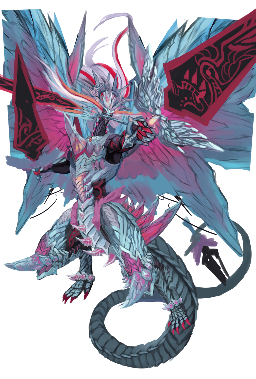 absurdres, albaz_(yu-gi-oh!), dragon, dual_wielding, duel_monster, full_body, highres, holding, holding_sword, holding_weapon, mirrorjade_the_iceblade_dragon, niziko, no_humans, simple_background, solo, sword, weapon, white_background, yu-gi-oh!