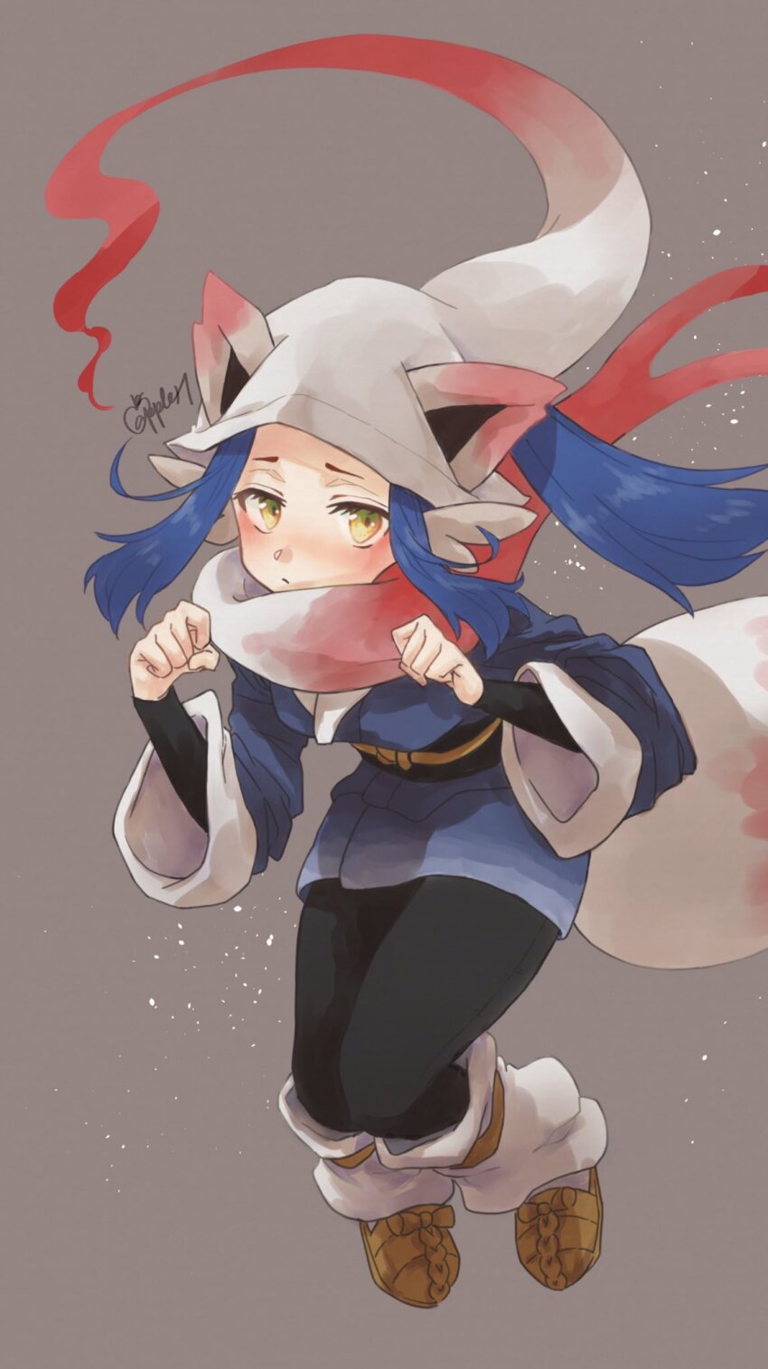 1girl, akari_(pokemon), animal_ears, black_pants, blue_hair, blush, closed_mouth, commentary, cosplay, eyelashes, fake_animal_ears, fake_tail, grey_background, hat, highres, hisuian_zoroark, hisuian_zoroark_(cosplay), light_frown, long_hair, minatoya_ringo, nintendo, pants, paw_pose, pokemon, pokemon_legends:_arceus, simple_background, solo, untranslatable_commentary, tail, white_hat