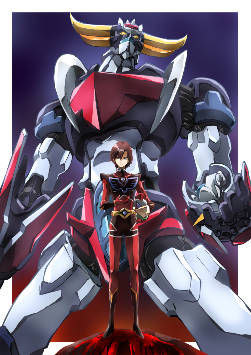 1boy, bodysuit, brown_hair, duke_fleed, gloves, grendizer, grendizer_(grendizer_u), grendizer_u