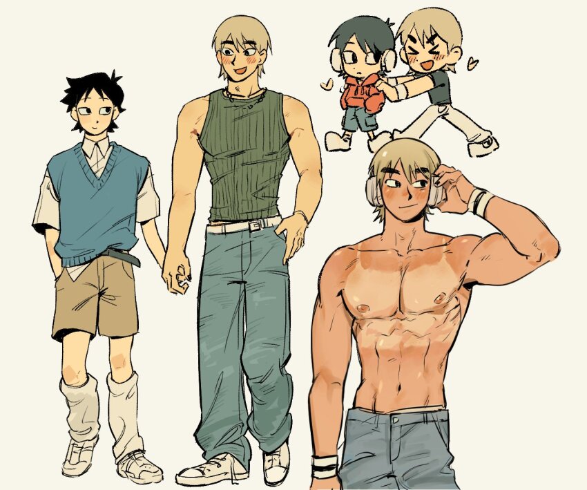 >_<, 24_jabtang, 2boys, :d, abs, baggy_pants, blush, chibi, chibi_inset, couple, denim, heat_stroke_photoshoot_(meme), holding_hands, jeans, large_pectorals, looking_at_viewer, male_focus, meme, midriff_peek, mismatched_eyebrows, multiple_boys, muscular, muscular_male, navel, nipples, open_mouth, pants, pectorals, scott_pilgrim_(series), scott_pilgrim_takes_off, shorts, smile, striped_tank_top, sunburn, tank_top, tank_top_sunburn_(meme), todd_ingram, topless_male, wallace_wells, white_background, yaoi