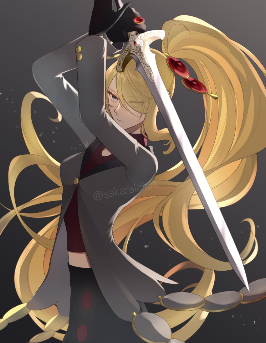 1girl, black_footwear, black_gloves, black_pants, blonde_hair, buttons, closed_mouth, cynthia_(pokemon), cynthia_(sygna_suit)_(pokemon), gloves, grey_eyes, grey_jacket, hair_bun, hair_ornament, hair_over_one_eye, hand_up, highres, holding, holding_sword, holding_weapon, jacket, long_hair, long_sleeves, looking_at_viewer, nintendo, official_alternate_costume, pants, poke_ball, pokemon, pokemon_masters_ex, ponytail, red_shirt, sakaralalala, shirt, single_hair_bun, smile, solo, sword, weapon