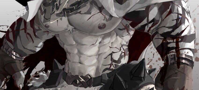 1boy, abs, animal_ears, arknights, bara, bare_pectorals, black_gloves, blood, blood_on_clothes, blood_on_face, blood_splatter, chain, chain_necklace, chinese_commentary, claw_pose, claws, clenched_hand, commentary_request, cropped, cross_scar, fangs, fingerless_gloves, furry, furry_male, gloves, head_out_of_frame, highres, jewelry, looking_at_viewer, male_focus, merchandise_available, mountain_(arknights), multiple_scars, muscular, muscular_arms, muscular_male, necklace, pants, pectorals, scar, scar_on_arm, shredded_muscles, tiger_boy, tiger_stripes, trucky73, white_pants