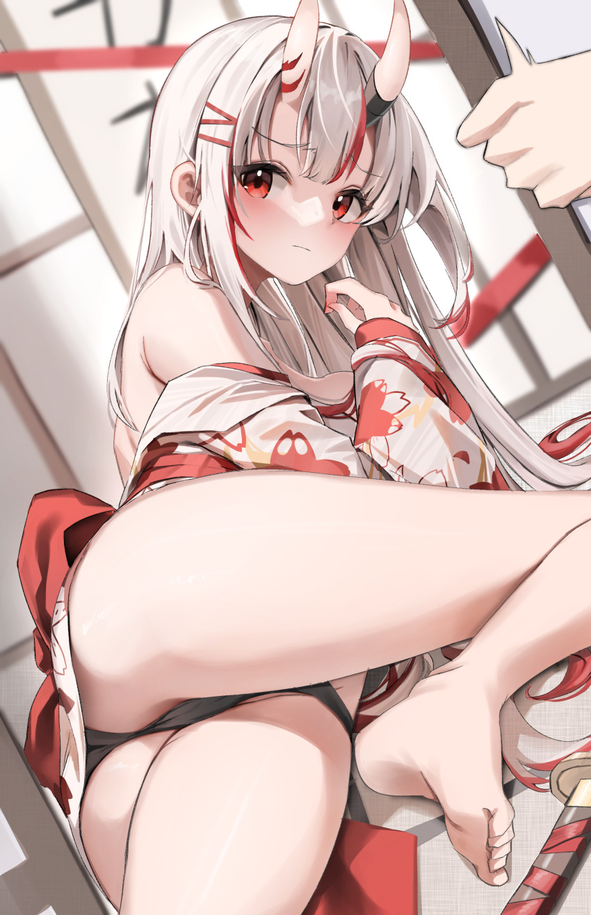 absurdres, bare_shoulders, barefoot, black_panties, blush, breasts, feet, gradient_hair, grey_hair, highres, hololive, horns, japanese_clothes, kimono, long_hair, looking_at_viewer, lying, multicolored_hair, nail_polish, nakiri_ayame, nakiri_ayame_(shrine_maiden), official_alternate_costume, on_side, oni, panties, red_eyes, red_hair, red_nails, scarlet_(wv0102), skin-covered_horns, small_breasts, soles, streaked_hair, sword, underwear, virtual_youtuber, weapon, white_kimono