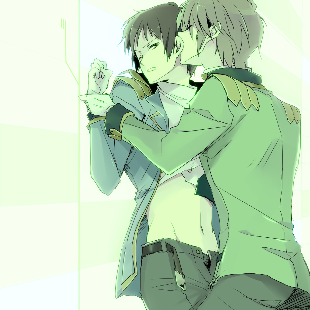 2boys, alternate_costume, bad_id, bad_pixiv_id, brown_eyes, brown_hair, koizumi_itsuki, kyon, male_focus, multiple_boys, rei_(rsoujou), short_hair, suzumiya_haruhi_no_yuuutsu, uniform, yaoi