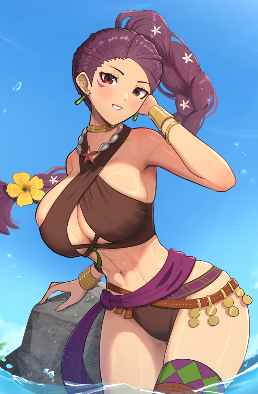 1girl, abs, bikini, blue_sky, bracelet, breasts, brown_bikini, cleavage, commentary_request, day, earrings, fire_emblem, fire_emblem:_three_houses, fire_emblem_heroes, gonzarez, highres, jewelry, large_breasts, long_hair, looking_at_viewer, navel, nintendo, ocean, official_alternate_costume, outdoors, partially_submerged, petra_macneary, petra_macneary_(summer), purple_hair, skindentation, sky, solo, swimsuit, thighs, wet