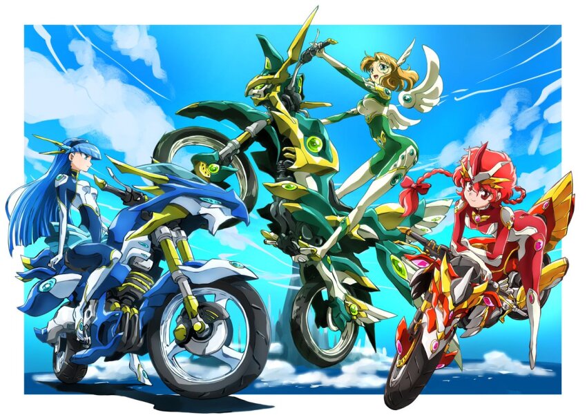 3girls, ass, blonde_hair, blue_bodysuit, blue_eyes, blue_hair, blue_hairband, blue_skirt