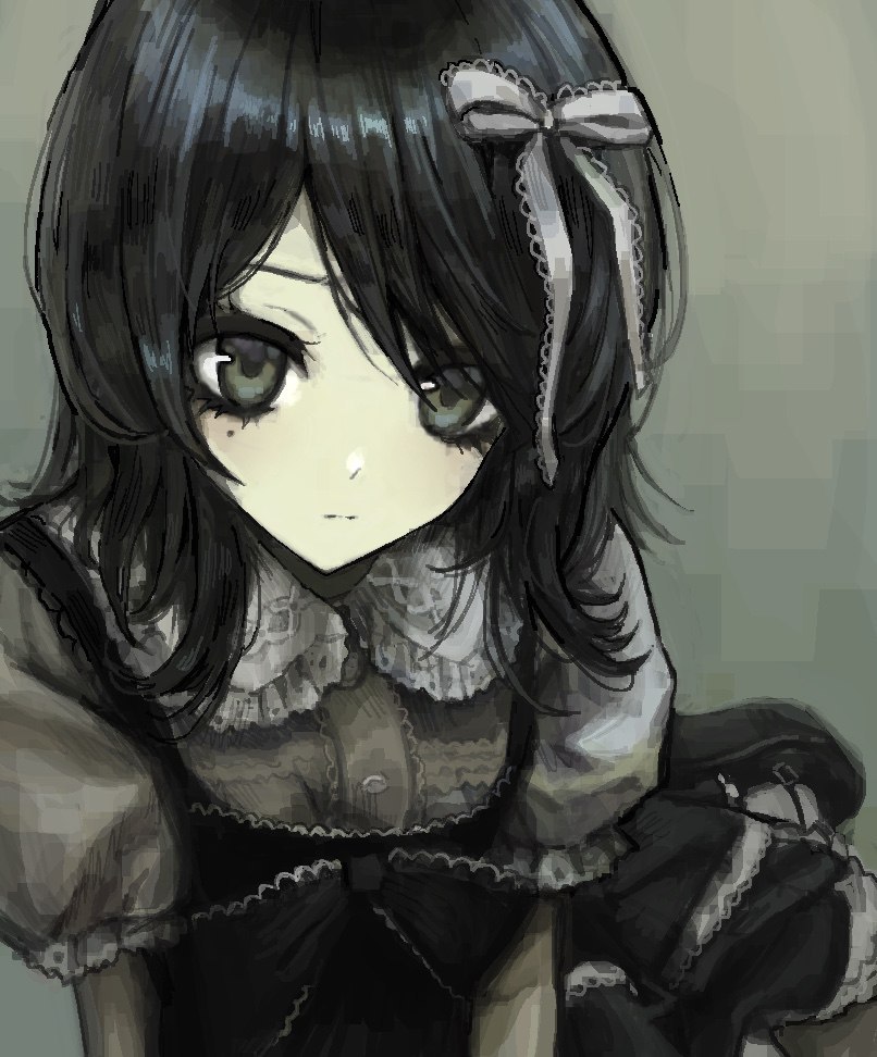 1girl, black_dress, black_hair, blouse, bow, closed_mouth, dress, expressionless