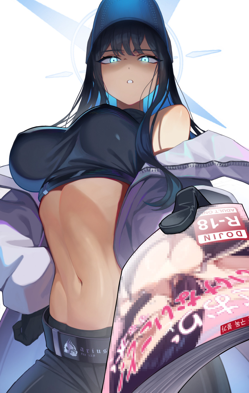 1girl, absurdres, bare_shoulders, baseball_cap, belt, black_gloves, black_hair, black_hat