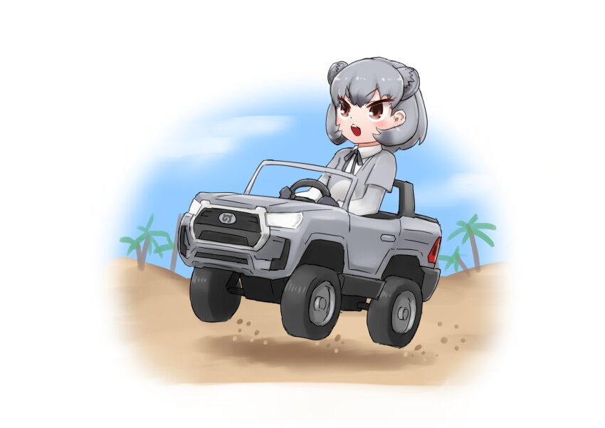 1girl, animal_ears, blush, brown_eyes, car, desert, extra_ears, gloves