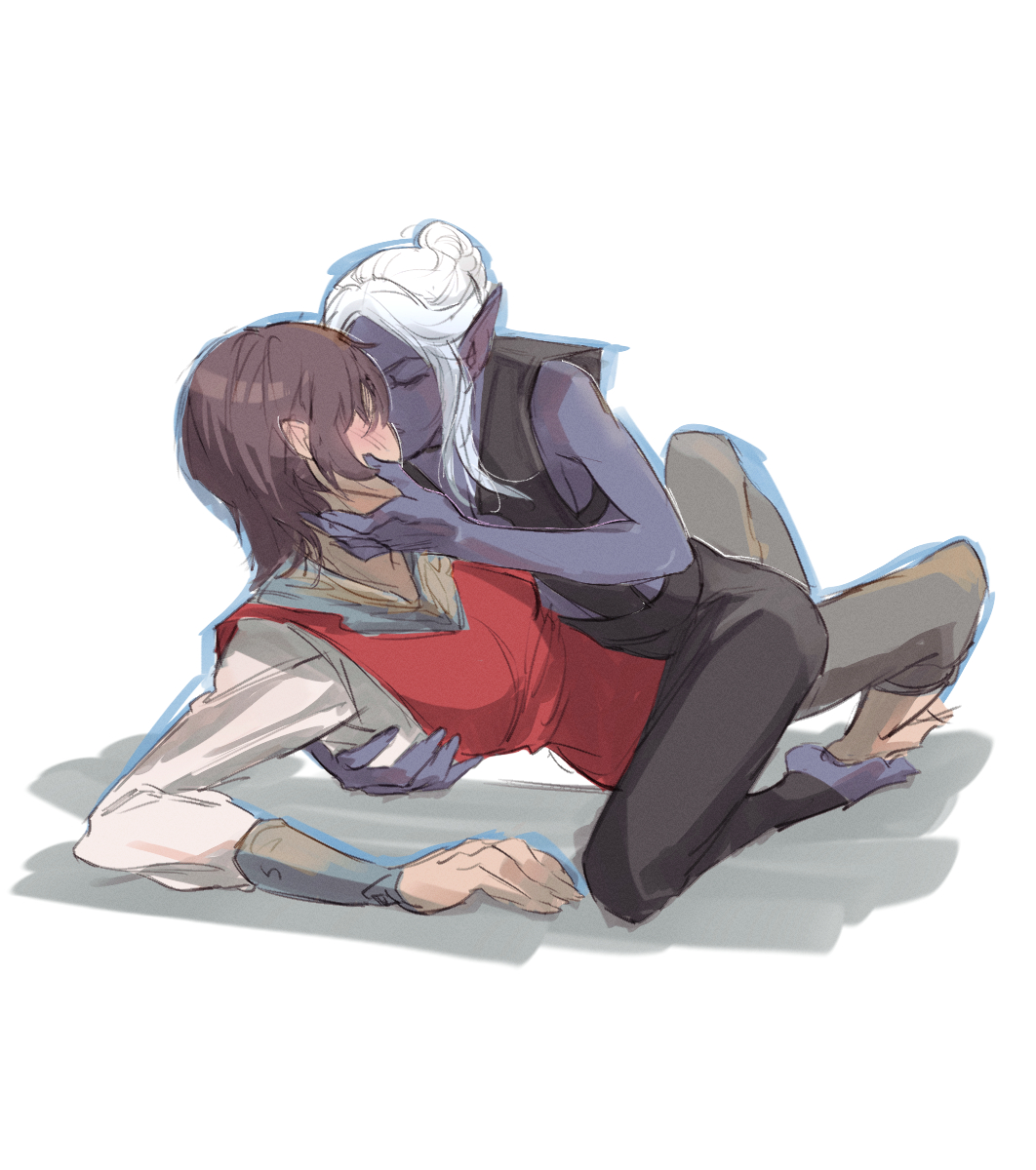 2girls, baldur's_gate, baldur's_gate_3, barefoot, black_pants, black_vest, blush, brown_hair, chinese_commentary, closed_eyes, colored_skin, commentary_request, dungeons_&amp;_dragons, eateatcookie, elf, grey_pants, hand_on_another's_face, highres, kiss, long_hair, long_sleeves, minthara, multiple_girls, oc_x_canon, pants, pointy_ears, purple_skin, shirt, simple_background, tav_(baldur's_gate), vest, white_background, white_hair, white_shirt, yuri