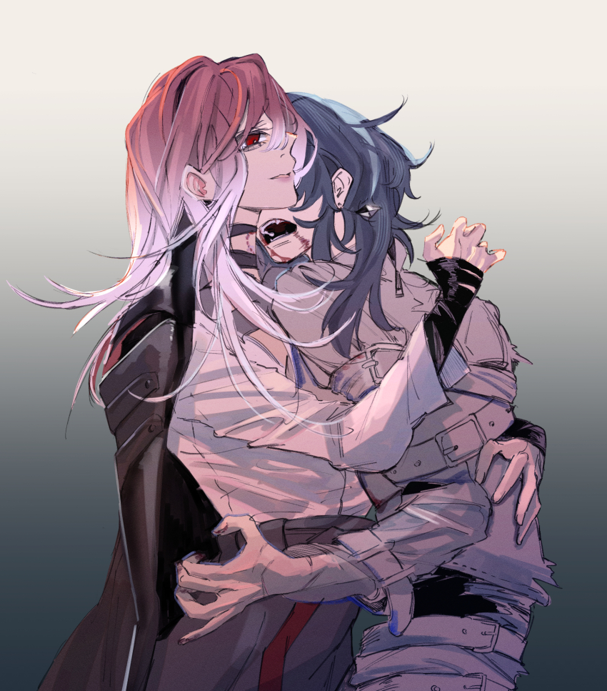 2girls, bite_mark, bite_mark_on_neck, black_choker, black_coat, black_hair, blood, blood_from_mouth